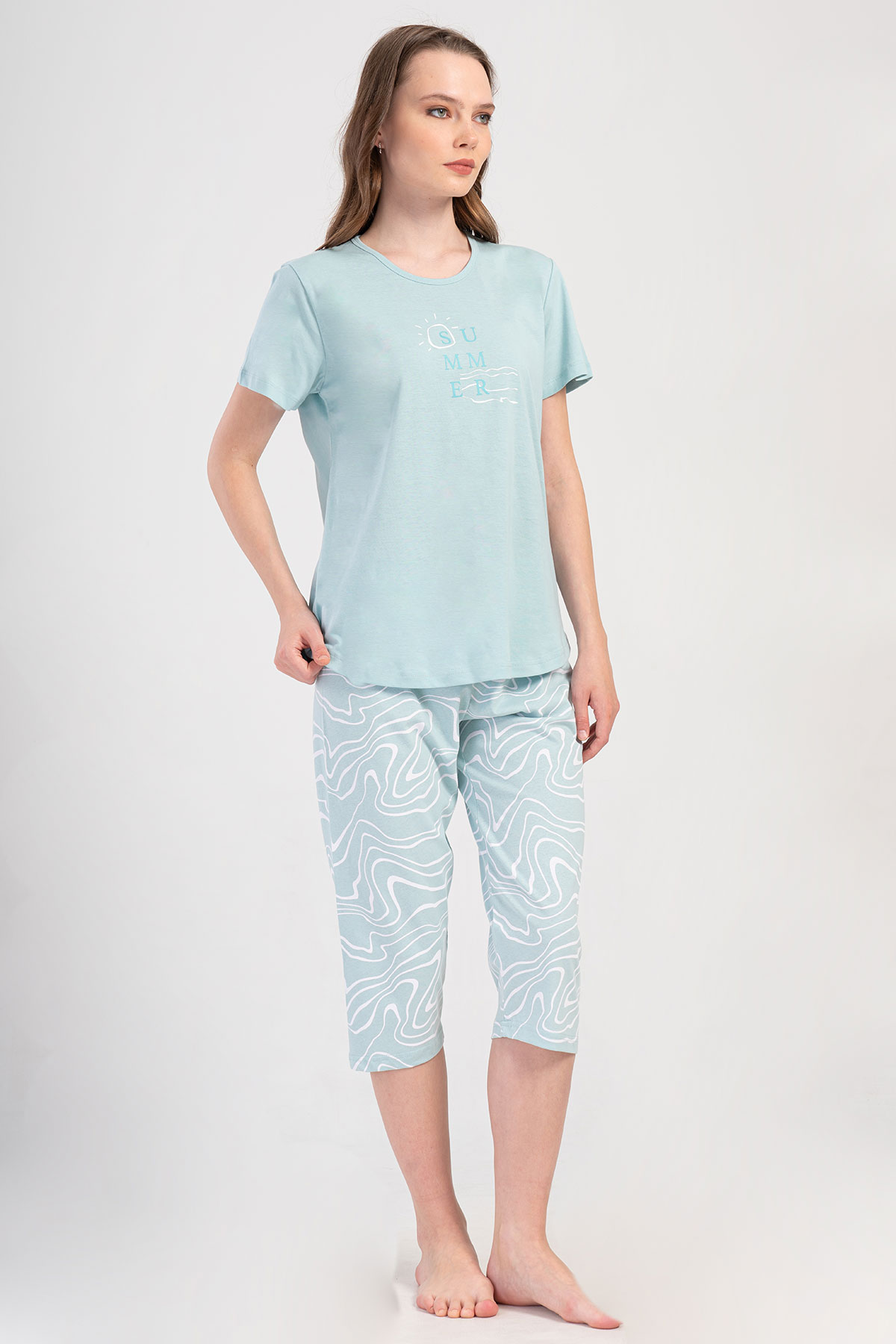 Pınarca Kadın Kapri Takım Büyük Beden Kısa Kollu Pamuklu Bisiklet Yaka Desenli - Mint Yeşili - Thumbnail