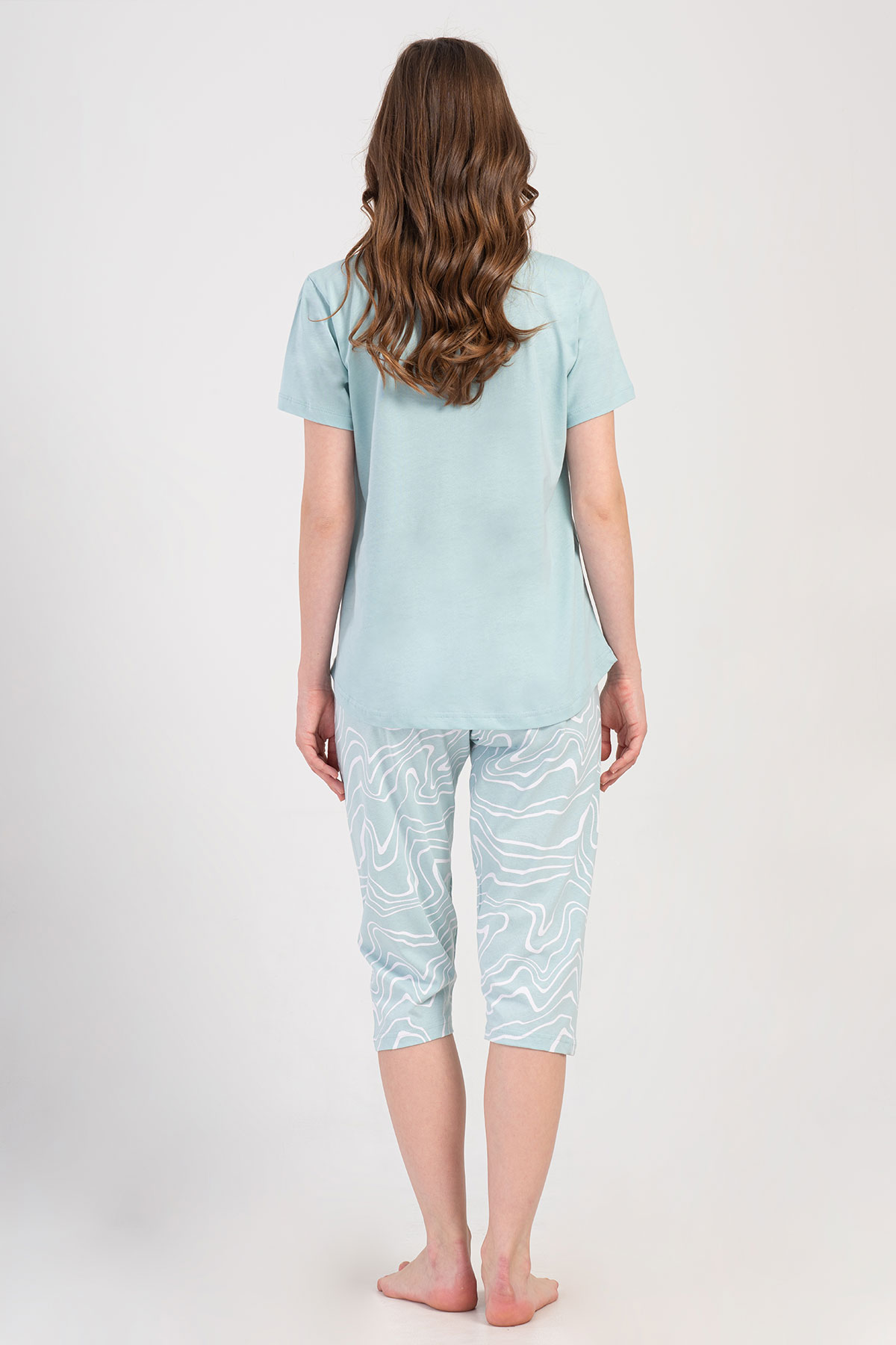 Pınarca Kadın Kapri Takım Büyük Beden Kısa Kollu Pamuklu Bisiklet Yaka Desenli - Mint Yeşili - Thumbnail