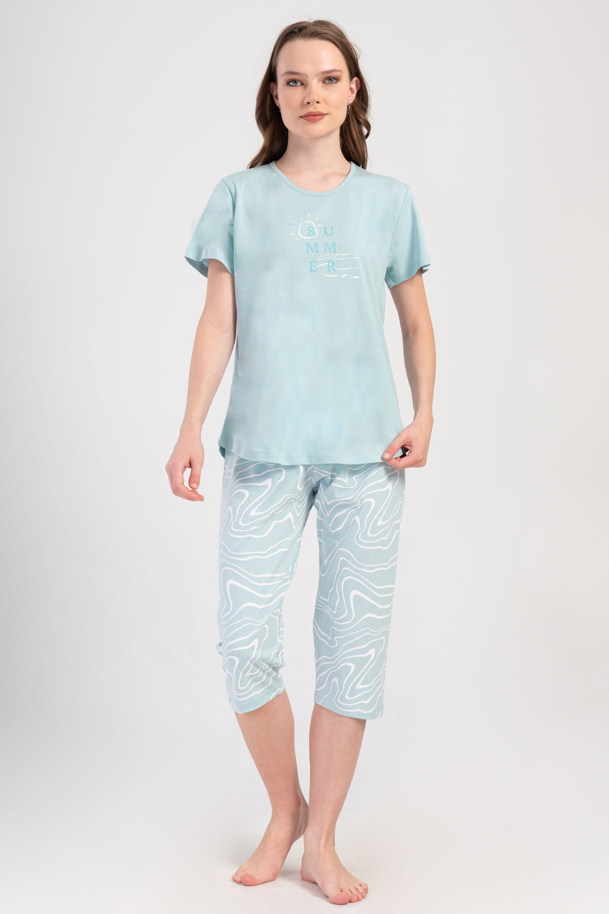 Pınarca Kadın Kapri Takım Büyük Beden Kısa Kollu Pamuklu Bisiklet Yaka Desenli - Mint Yeşili - Thumbnail