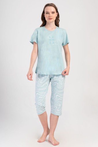 PINARCA EV GİYİM - Pınarca Kadın Kapri Takım Büyük Beden Kısa Kollu Pamuklu Bisiklet Yaka Desenli - Mint Yeşili