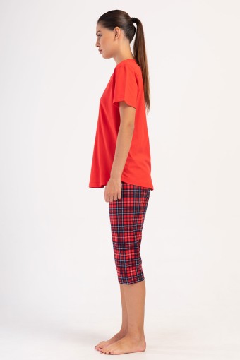 PINARCA EV GİYİM - Pınarca Kadın Kapri Takım Büyük Beden Kısa Kollu Pamuklu Bisiklet Yaka Ekose Desen - Kırmızı (1)