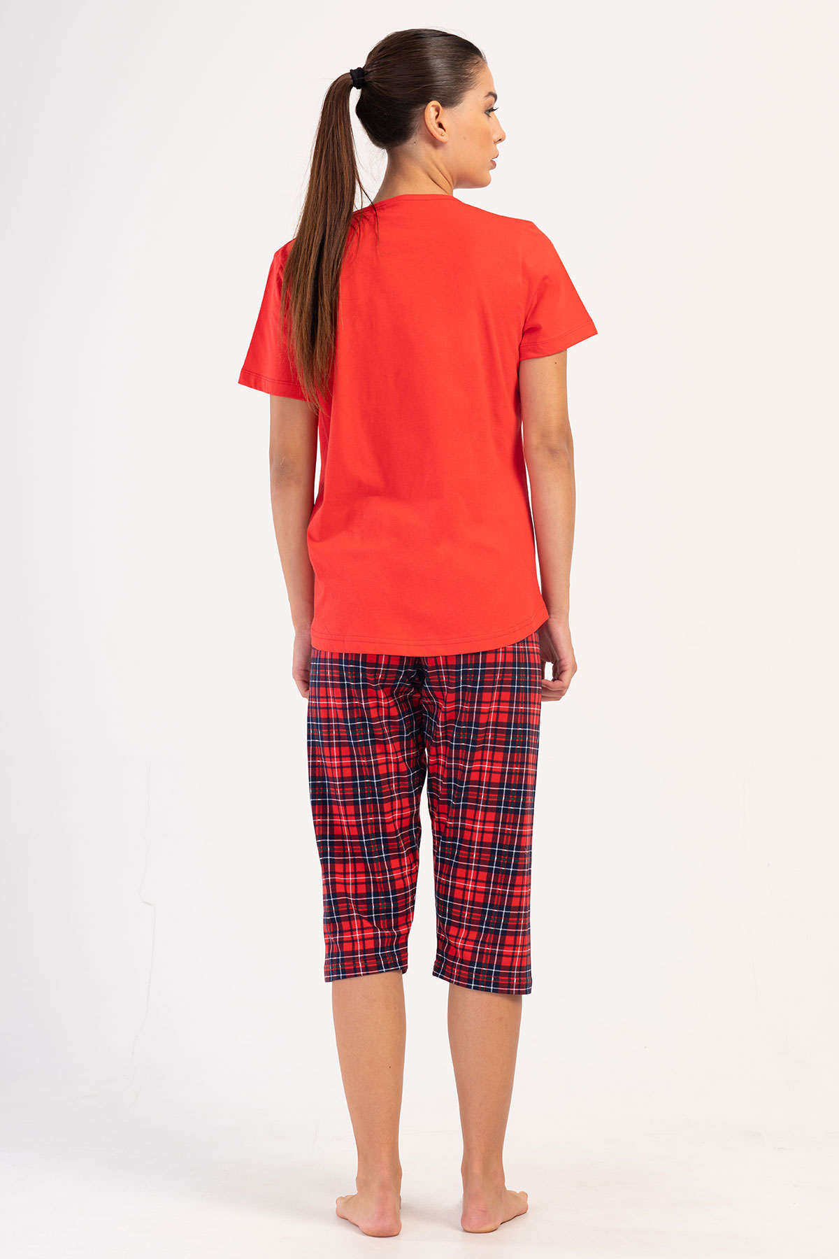 Pınarca Kadın Kapri Takım Büyük Beden Kısa Kollu Pamuklu Bisiklet Yaka Ekose Desen - Kırmızı - Thumbnail