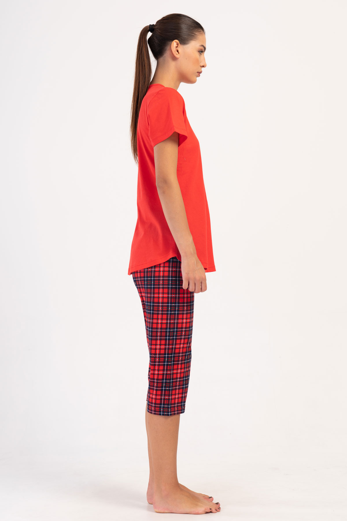 Pınarca Kadın Kapri Takım Büyük Beden Kısa Kollu Pamuklu Bisiklet Yaka Ekose Desen - Kırmızı - Thumbnail