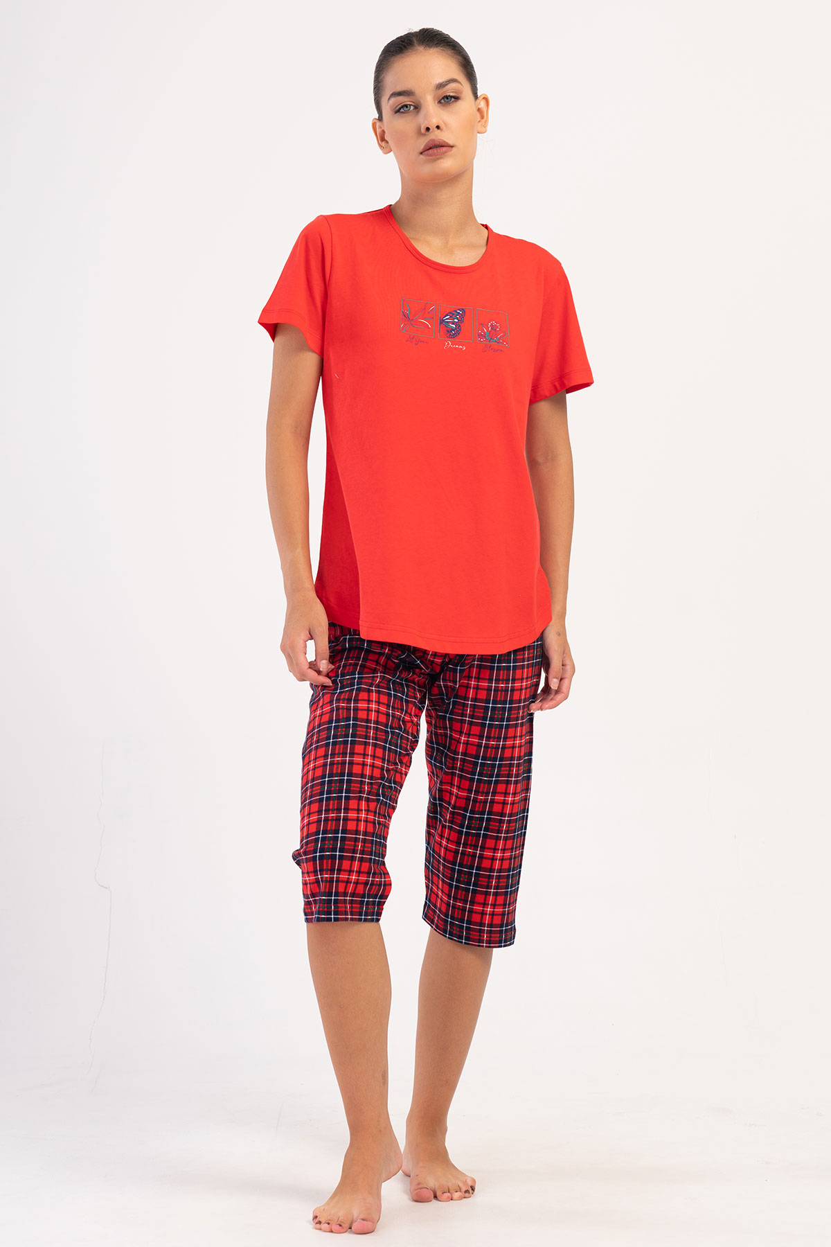 Pınarca Kadın Kapri Takım Büyük Beden Kısa Kollu Pamuklu Bisiklet Yaka Ekose Desen - Kırmızı - Thumbnail