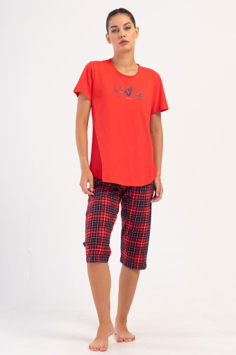 PINARCA EV GİYİM - Pınarca Kadın Kapri Takım Büyük Beden Kısa Kollu Pamuklu Bisiklet Yaka Ekose Desen - Kırmızı