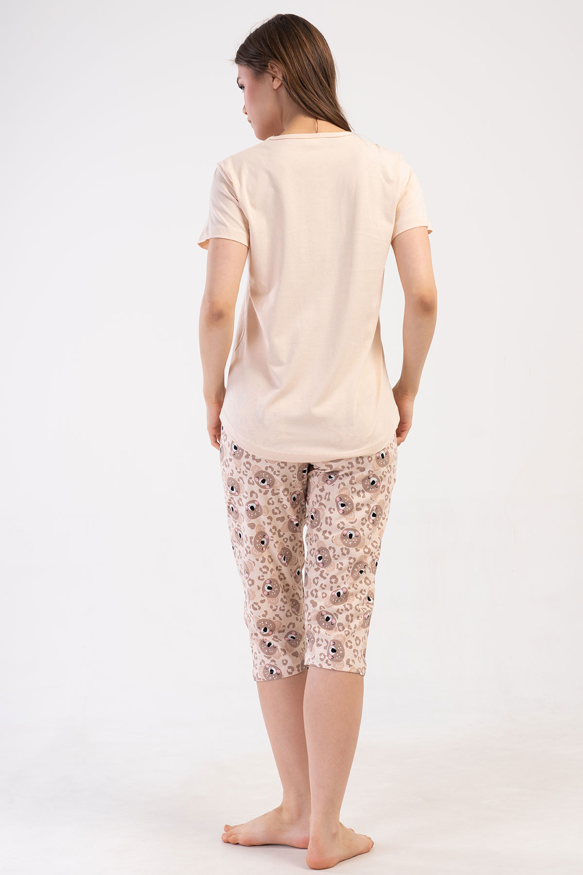 Pınarca Kadın Kapri Takım Büyük Beden Kısa Kollu Pamuklu Bisiklet Yaka Koala Baskılı - Bej - Thumbnail