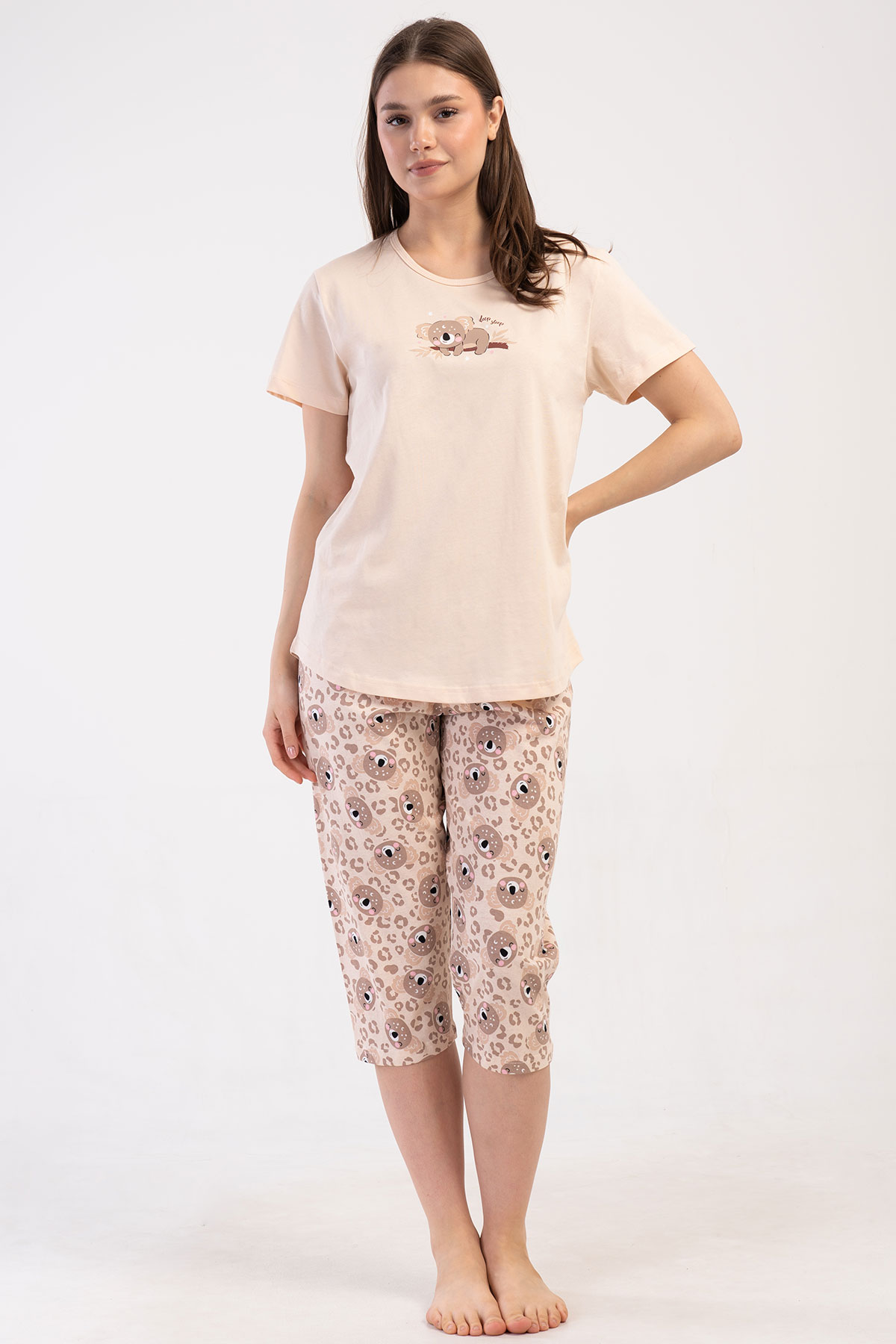 Pınarca Kadın Kapri Takım Büyük Beden Kısa Kollu Pamuklu Bisiklet Yaka Koala Baskılı - Bej - Thumbnail