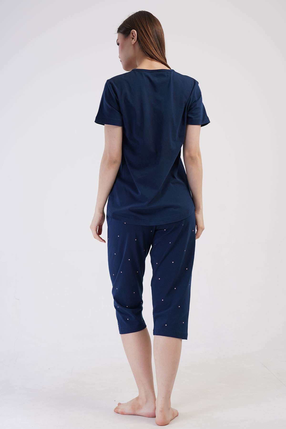 Pınarca Kadın Kapri Takım Büyük Beden Kısa Kollu Pamuklu Bisiklet Yaka Love Yazılı - Lacivert - Thumbnail