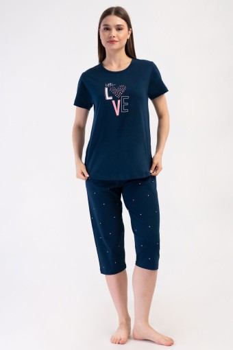 PINARCA EV GİYİM - Pınarca Kadın Kapri Takım Büyük Beden Kısa Kollu Pamuklu Bisiklet Yaka Love Yazılı - Lacivert