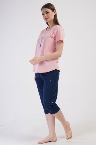 PINARCA EV GİYİM - Pınarca Kadın Kapri Takım Büyük Beden Kısa Kollu Pamuklu Bisiklet Yaka Love Yazılı - Pembe (1)