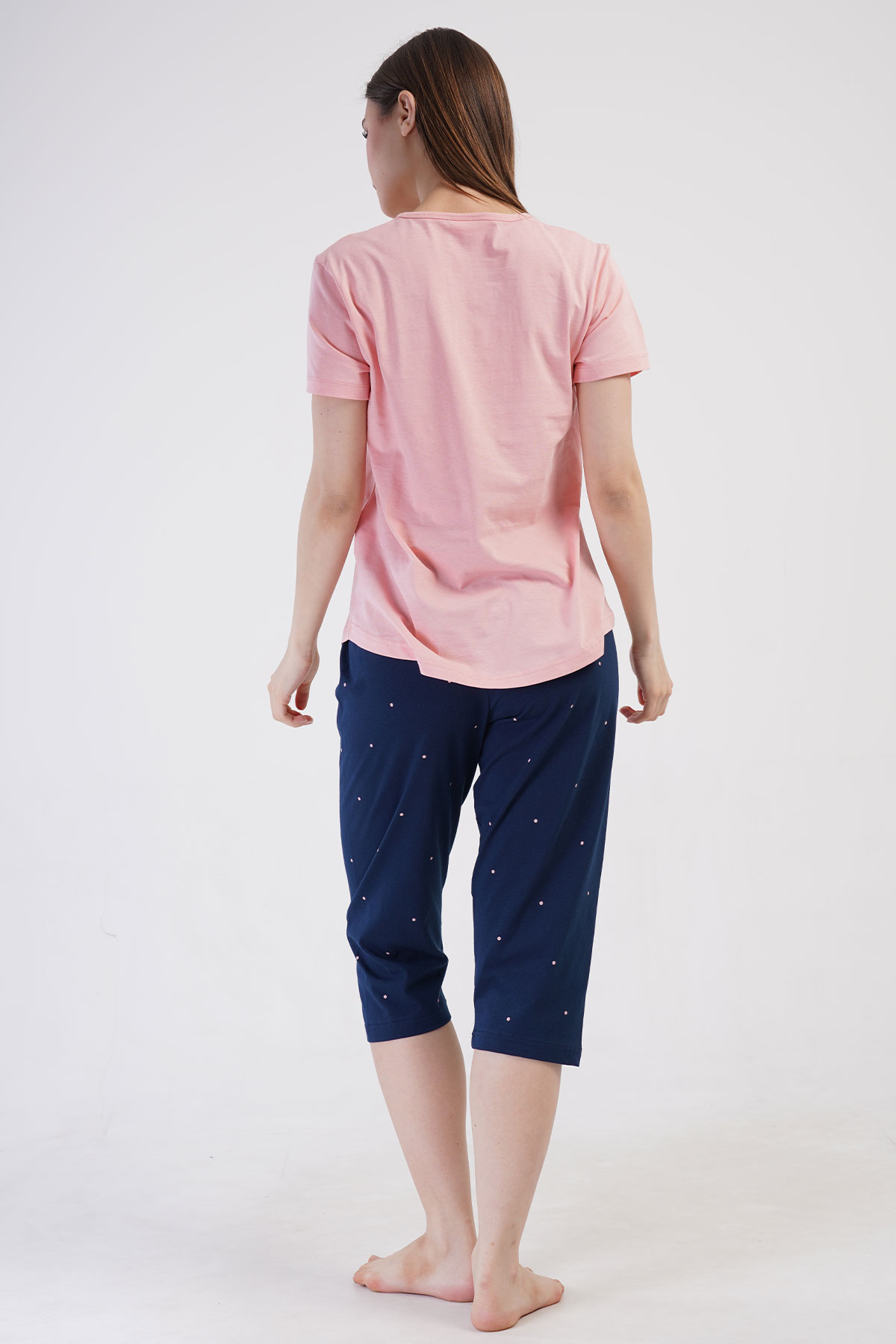 Pınarca Kadın Kapri Takım Büyük Beden Kısa Kollu Pamuklu Bisiklet Yaka Love Yazılı - Pembe - Thumbnail