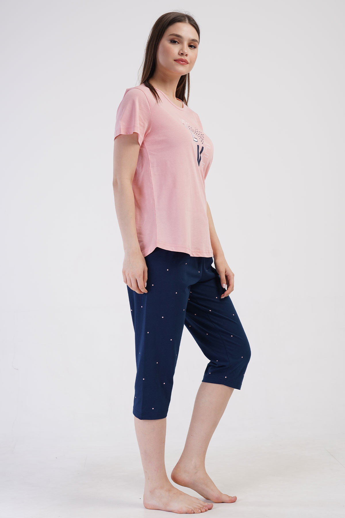 Pınarca Kadın Kapri Takım Büyük Beden Kısa Kollu Pamuklu Bisiklet Yaka Love Yazılı - Pembe - Thumbnail