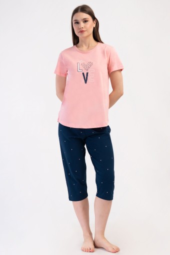 PINARCA EV GİYİM - Pınarca Kadın Kapri Takım Büyük Beden Kısa Kollu Pamuklu Bisiklet Yaka Love Yazılı - Pembe