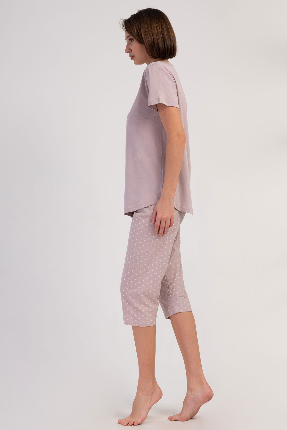 Pınarca Kadın Kapri Takım Büyük Beden Kısa Kollu Pamuklu Bisiklet Yaka Puantiyeli - Açık Kahve - Thumbnail