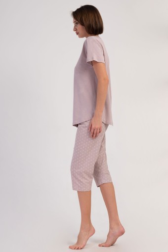 PINARCA EV GİYİM - Pınarca Kadın Kapri Takım Büyük Beden Kısa Kollu Pamuklu Bisiklet Yaka Puantiyeli - Açık Kahve (1)