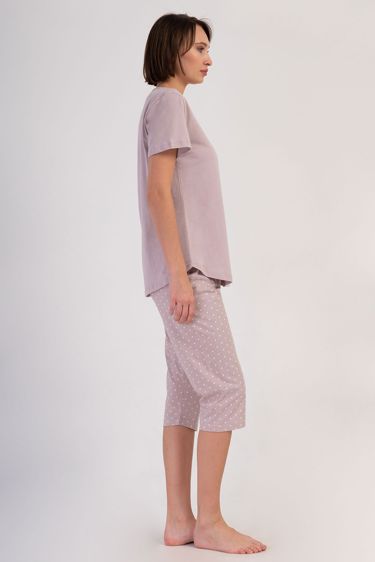 Pınarca Kadın Kapri Takım Büyük Beden Kısa Kollu Pamuklu Bisiklet Yaka Puantiyeli - Açık Kahve - Thumbnail