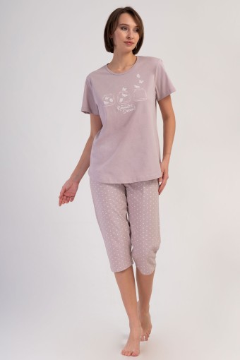 PINARCA EV GİYİM - Pınarca Kadın Kapri Takım Büyük Beden Kısa Kollu Pamuklu Bisiklet Yaka Puantiyeli - Açık Kahve