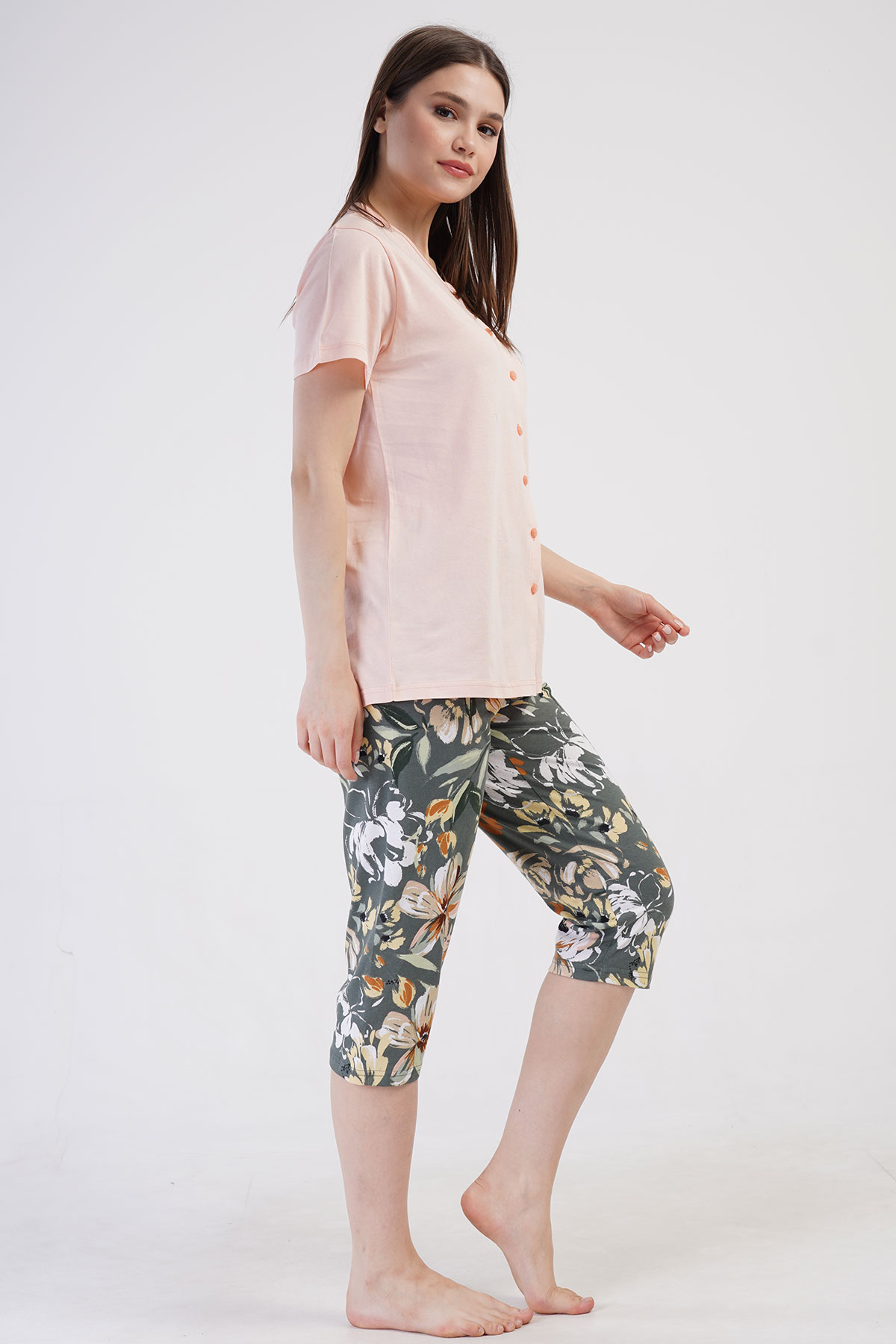 Pınarca Kadın Kapri Takım Büyük Beden Kısa Kollu Pamuklu Gömlek Yaka Çiçek Desenli - Pembe - Thumbnail