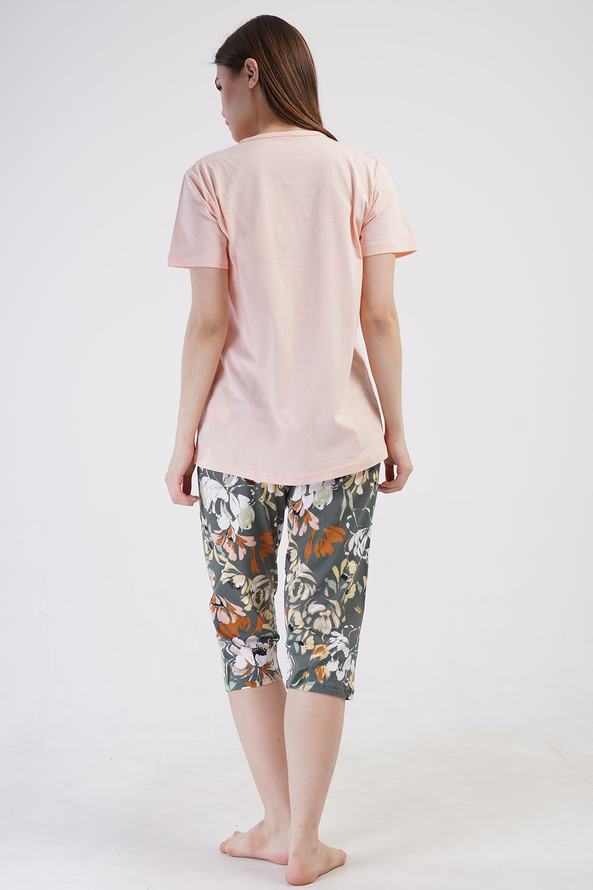 Pınarca Kadın Kapri Takım Büyük Beden Kısa Kollu Pamuklu Gömlek Yaka Çiçek Desenli - Pembe - Thumbnail