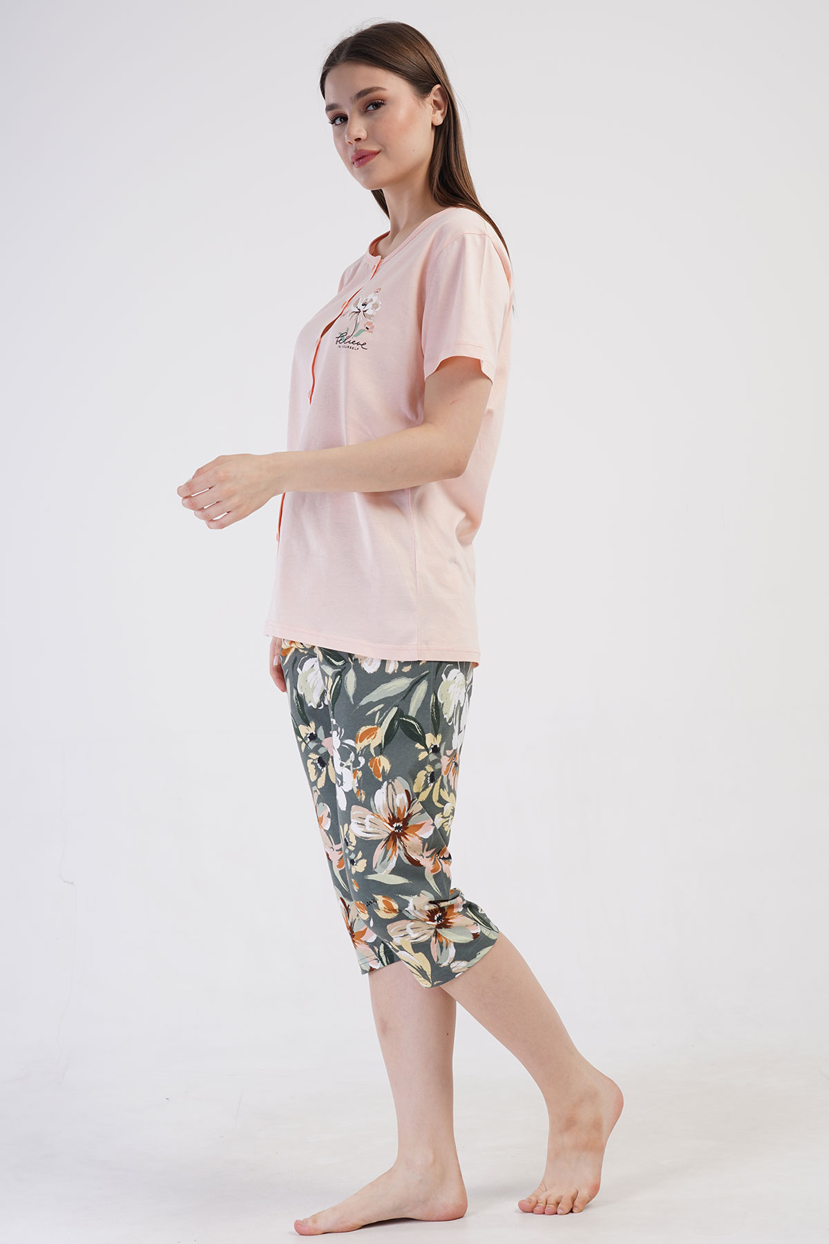 Pınarca Kadın Kapri Takım Büyük Beden Kısa Kollu Pamuklu Gömlek Yaka Çiçek Desenli - Pembe - Thumbnail