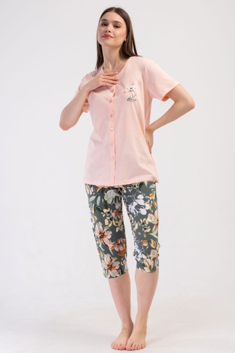 PINARCA EV GİYİM - Pınarca Kadın Kapri Takım Büyük Beden Kısa Kollu Pamuklu Gömlek Yaka Çiçek Desenli - Pembe