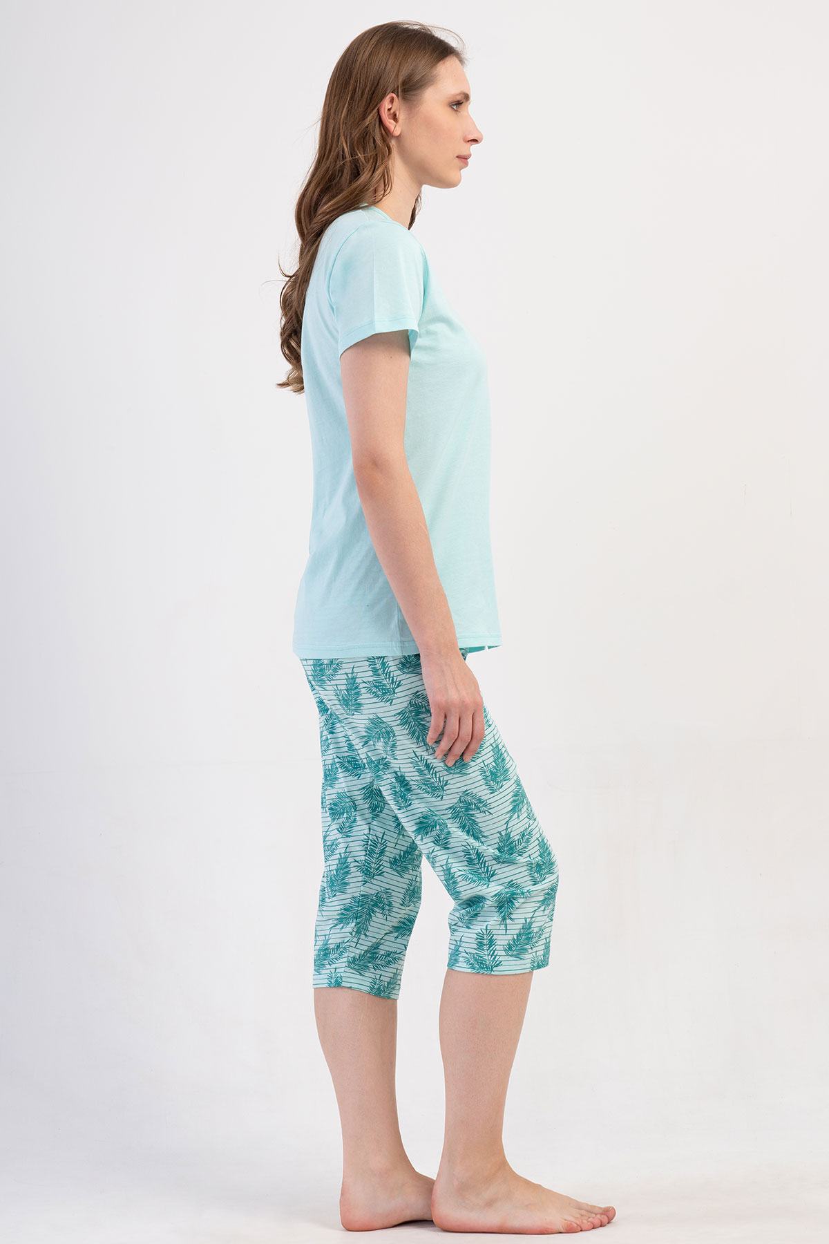 Pınarca Kadın Kapri Takım Büyük Beden Kısa Kollu Pamuklu Gömlek Yaka Yaprak Desenli - Mint Yeşili - Thumbnail