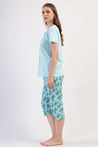PINARCA EV GİYİM - Pınarca Kadın Kapri Takım Büyük Beden Kısa Kollu Pamuklu Gömlek Yaka Yaprak Desenli - Mint Yeşili (1)