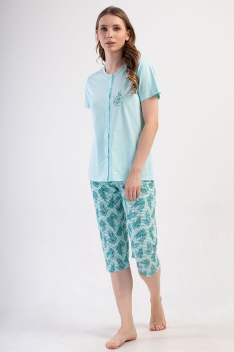 PINARCA EV GİYİM - Pınarca Kadın Kapri Takım Büyük Beden Kısa Kollu Pamuklu Gömlek Yaka Yaprak Desenli - Mint Yeşili
