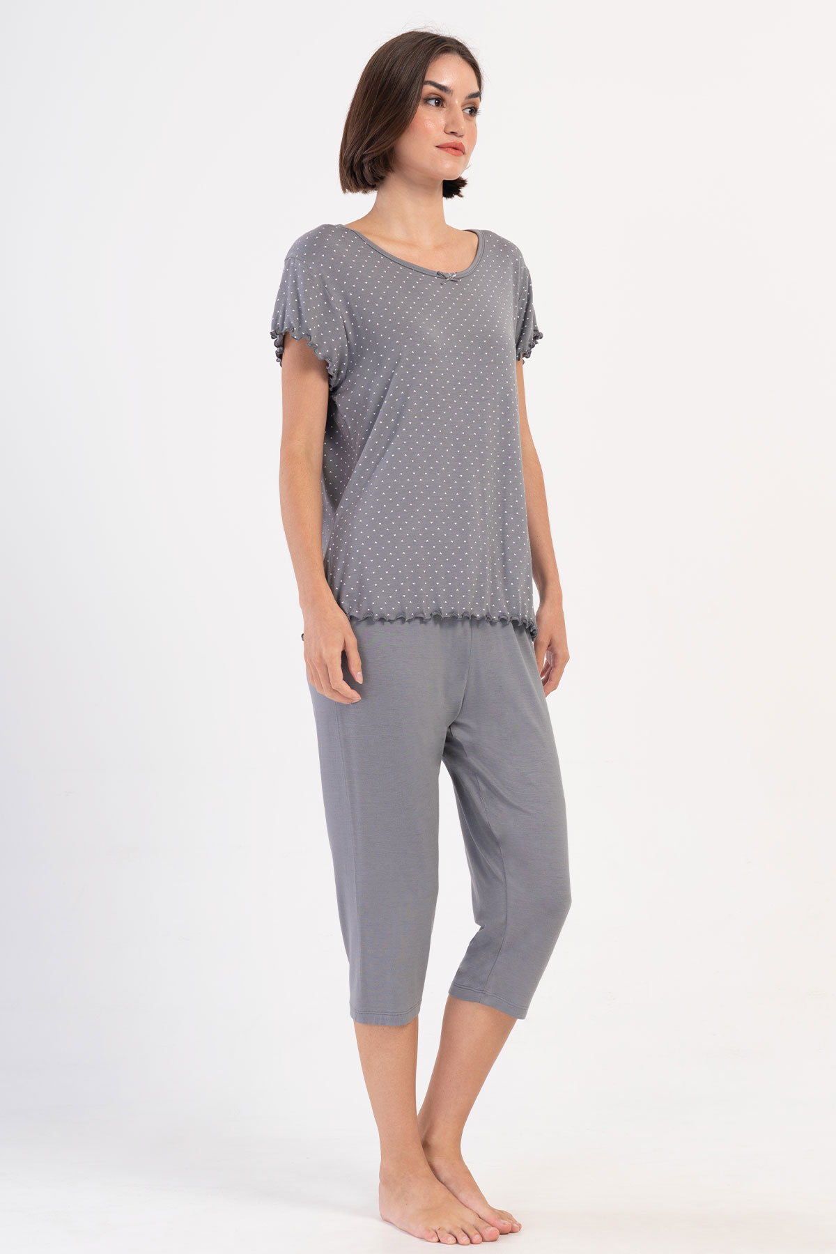 Pınarca Kadın Kapri Takım Büyük Beden Kısa Kollu Viskon Bisiklet Yaka Puantiyeli - Gri - Thumbnail