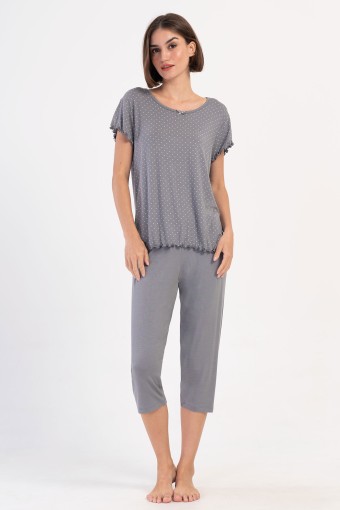 PINARCA EV GİYİM - Pınarca Kadın Kapri Takım Büyük Beden Kısa Kollu Viskon Bisiklet Yaka Puantiyeli - Gri