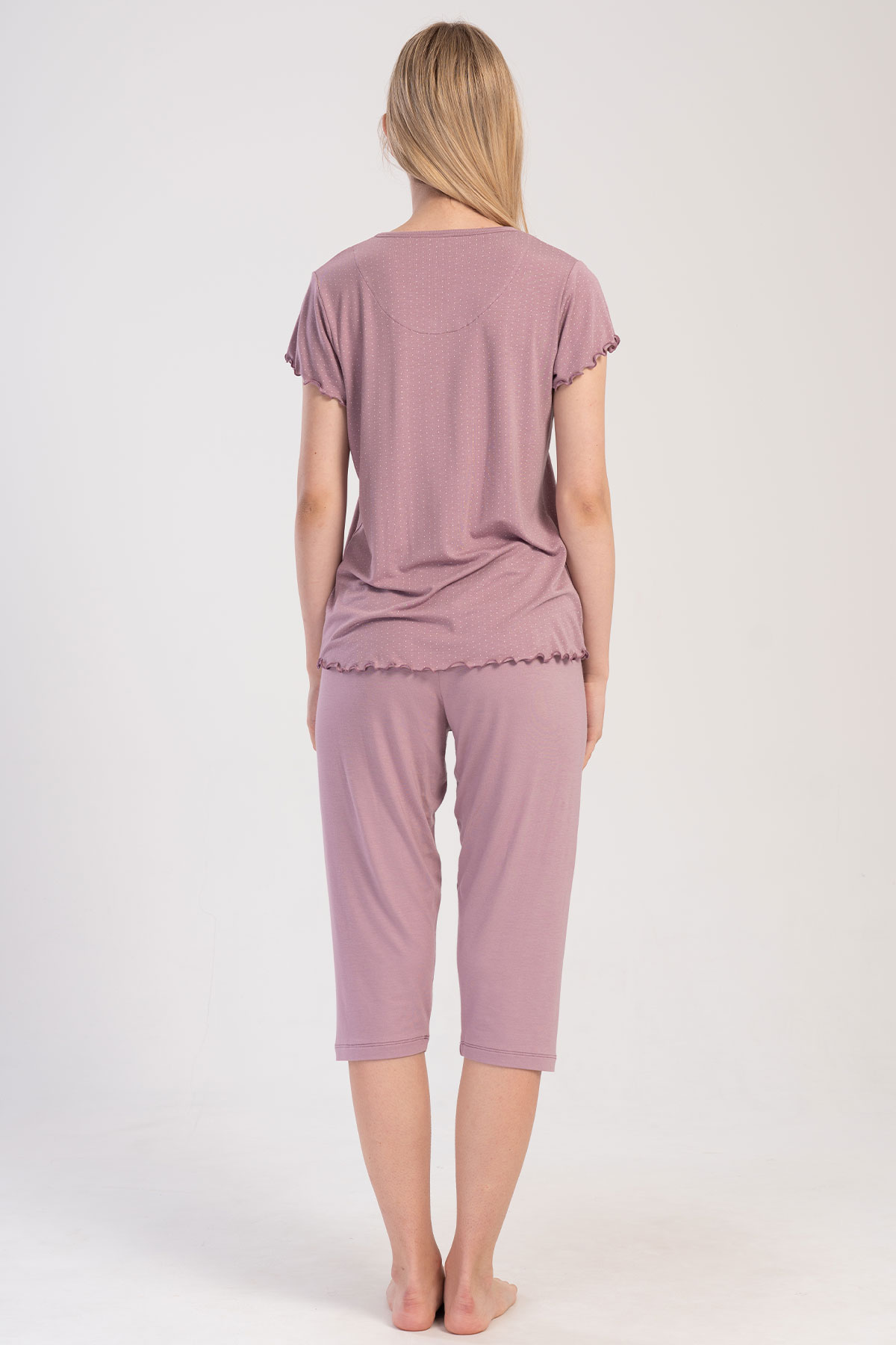 Pınarca Kadın Kapri Takım Büyük Beden Kısa Kollu Viskon Bisiklet Yaka Puantiyeli - Gülkurusu - Thumbnail