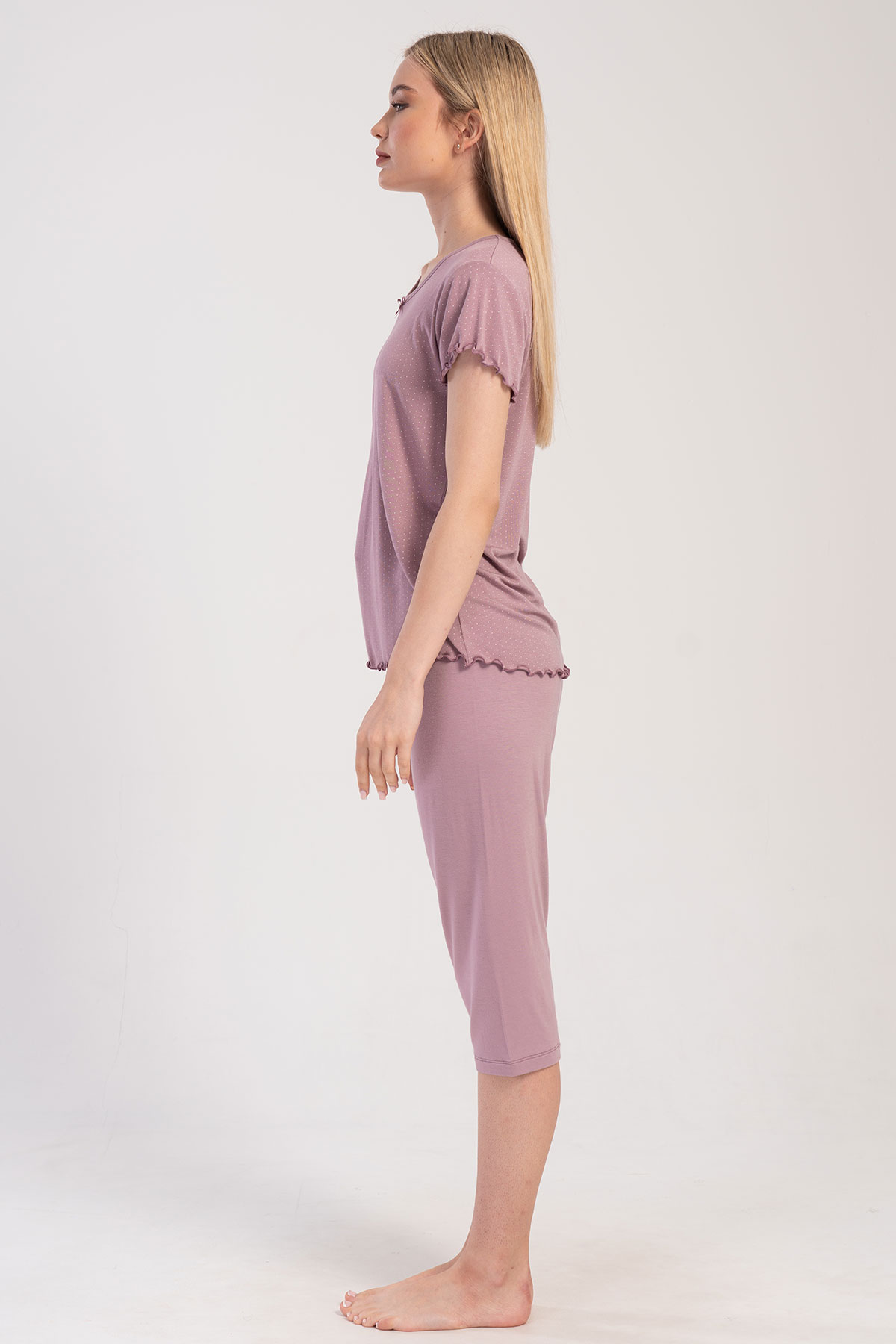 Pınarca Kadın Kapri Takım Büyük Beden Kısa Kollu Viskon Bisiklet Yaka Puantiyeli - Gülkurusu - Thumbnail