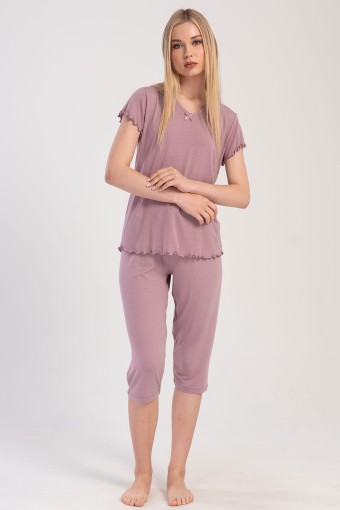 PINARCA EV GİYİM - Pınarca Kadın Kapri Takım Büyük Beden Kısa Kollu Viskon Bisiklet Yaka Puantiyeli - Gülkurusu