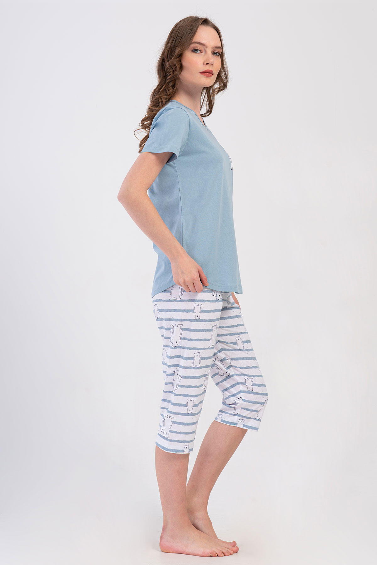 Pınarca Kadın Kapri Takım Kısa Kollu Pamuklu Bisiklet Yaka Kutup Ayısı Baskılı - Mavi - Thumbnail