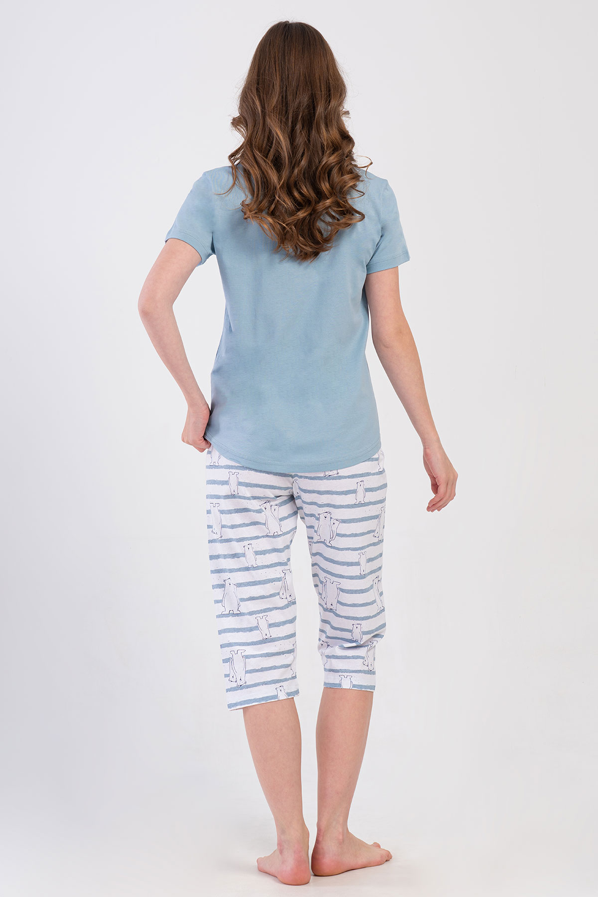 Pınarca Kadın Kapri Takım Kısa Kollu Pamuklu Bisiklet Yaka Kutup Ayısı Baskılı - Mavi - Thumbnail