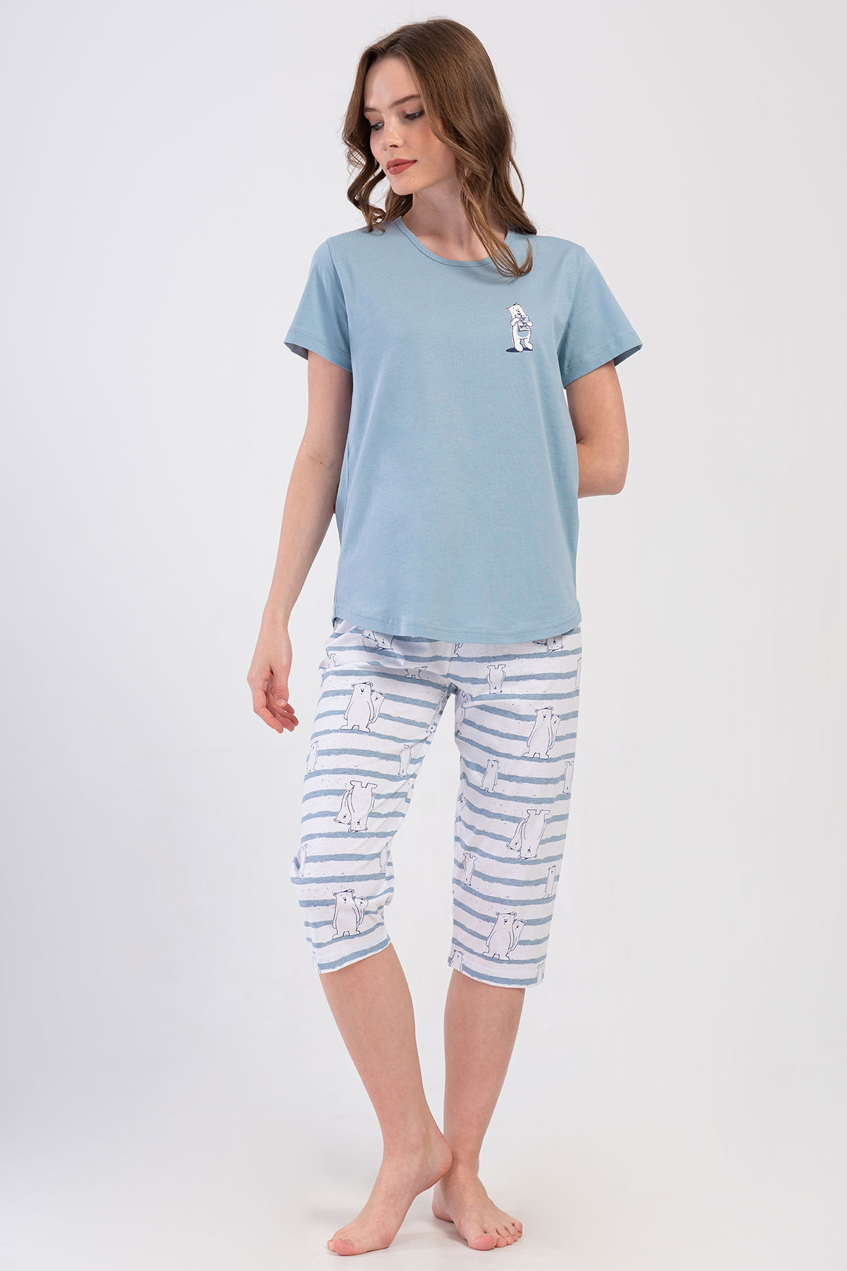 Pınarca Kadın Kapri Takım Kısa Kollu Pamuklu Bisiklet Yaka Kutup Ayısı Baskılı - Mavi - Thumbnail