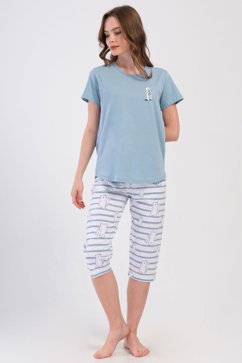 PINARCA EV GİYİM - Pınarca Kadın Kapri Takım Kısa Kollu Pamuklu Bisiklet Yaka Kutup Ayısı Baskılı - Mavi (1)
