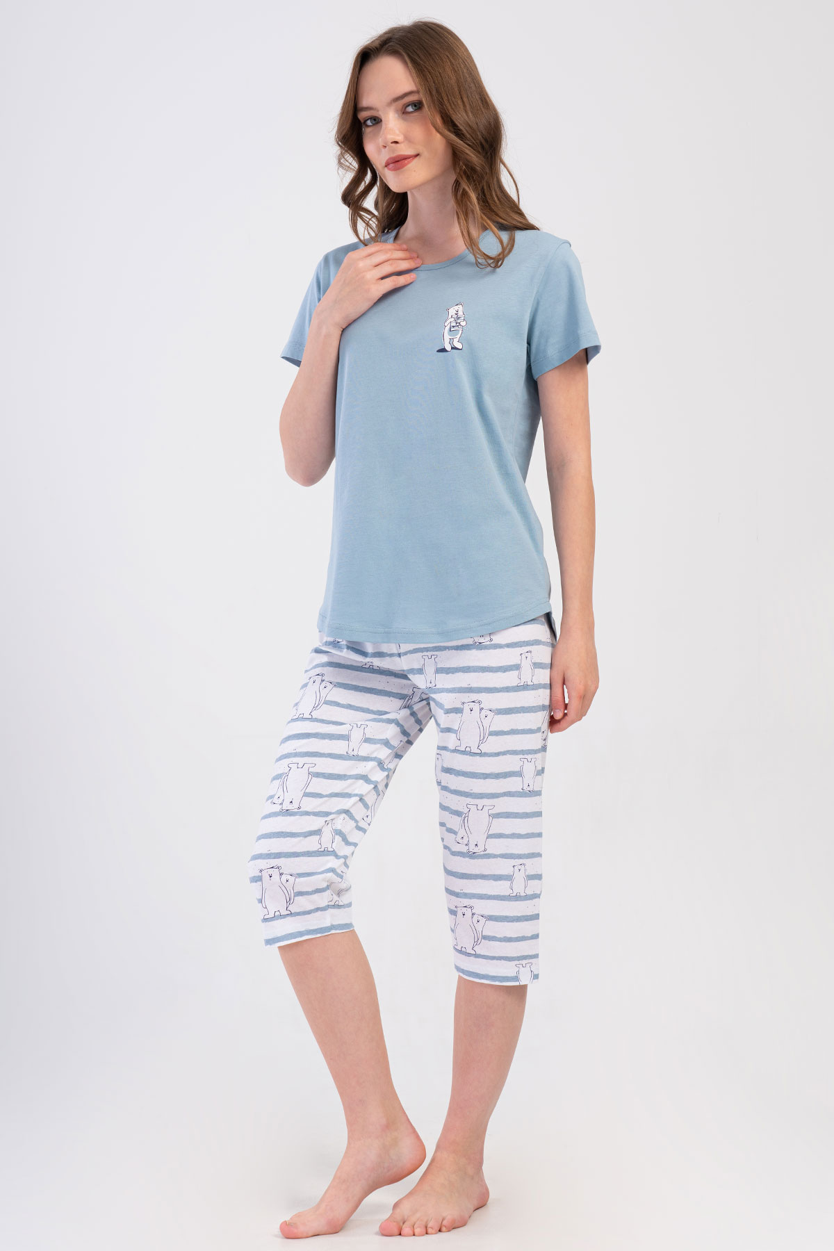 Pınarca Kadın Kapri Takım Kısa Kollu Pamuklu Bisiklet Yaka Kutup Ayısı Baskılı - Mavi - Thumbnail