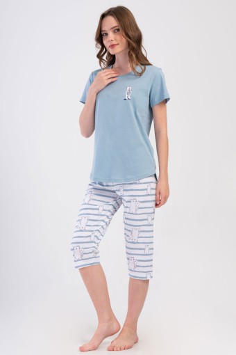 PINARCA EV GİYİM - Pınarca Kadın Kapri Takım Kısa Kollu Pamuklu Bisiklet Yaka Kutup Ayısı Baskılı - Mavi
