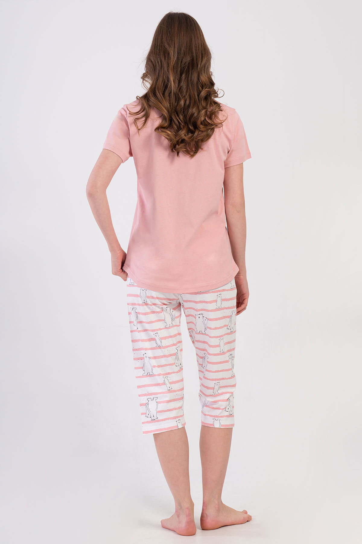 Pınarca Kadın Kapri Takım Kısa Kollu Pamuklu Bisiklet Yaka Kutup Ayısı Baskılı - Pembe - Thumbnail