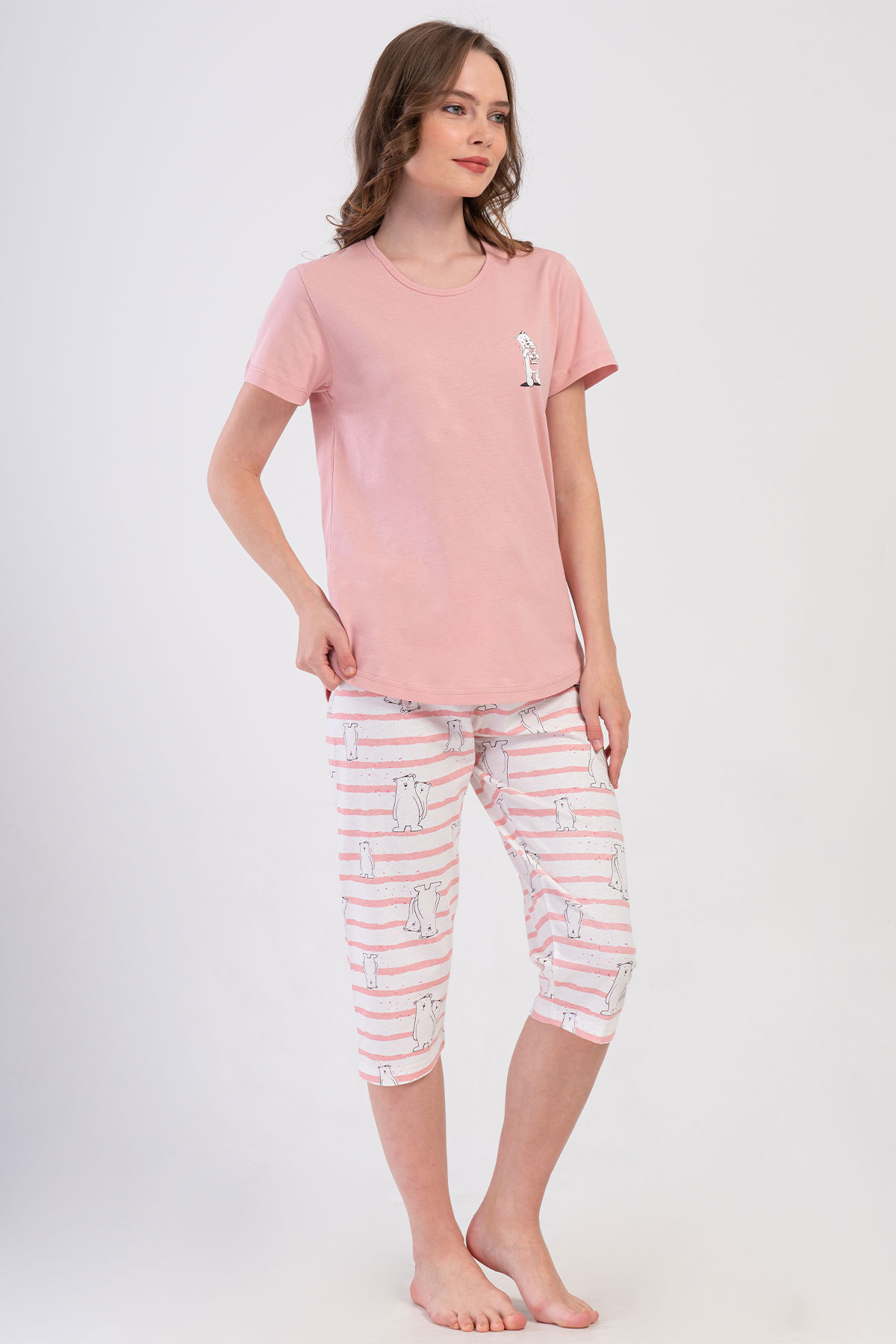 Pınarca Kadın Kapri Takım Kısa Kollu Pamuklu Bisiklet Yaka Kutup Ayısı Baskılı - Pembe - Thumbnail