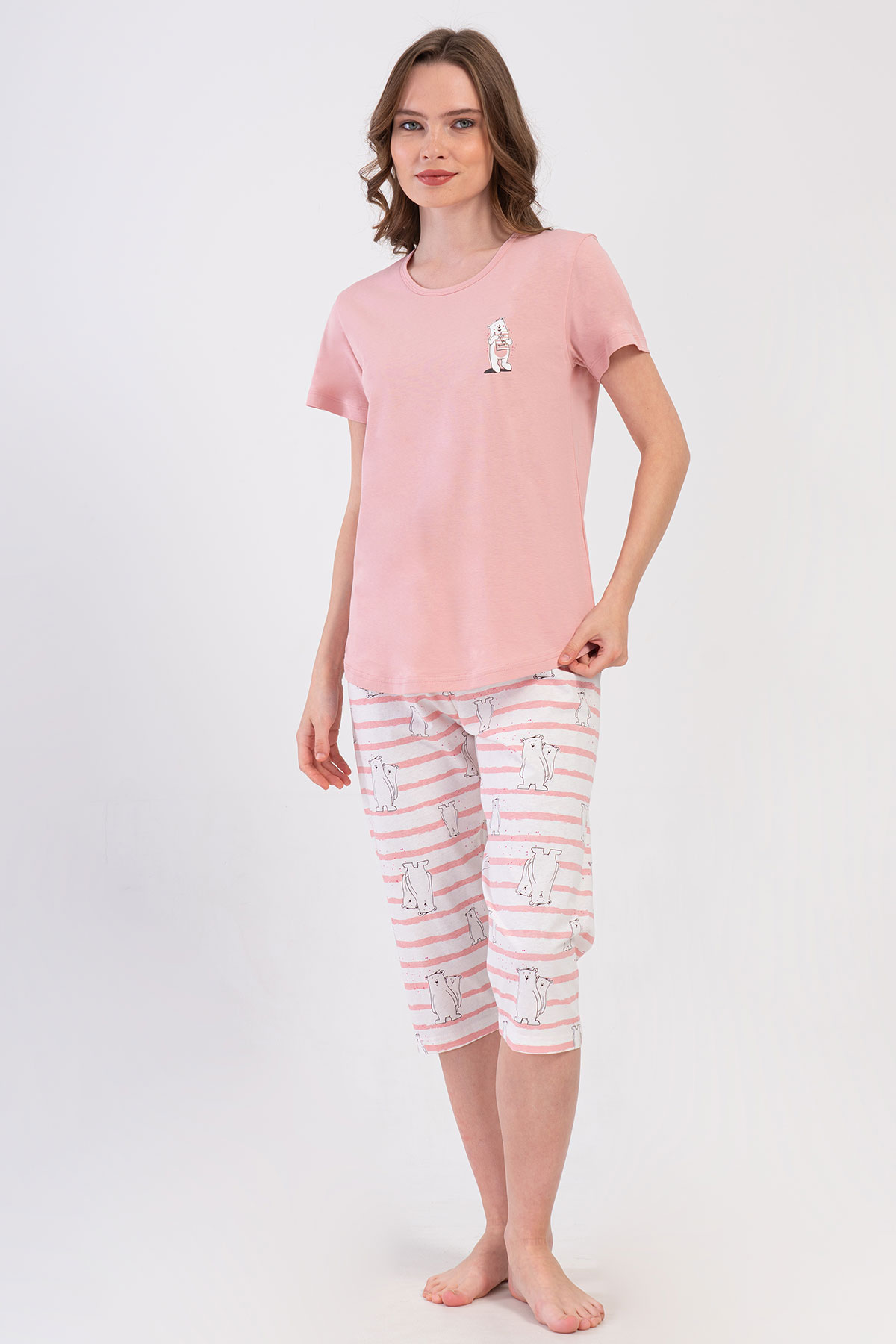 Pınarca Kadın Kapri Takım Kısa Kollu Pamuklu Bisiklet Yaka Kutup Ayısı Baskılı - Pembe - Thumbnail