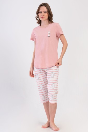 PINARCA EV GİYİM - Pınarca Kadın Kapri Takım Kısa Kollu Pamuklu Bisiklet Yaka Kutup Ayısı Baskılı - Pembe