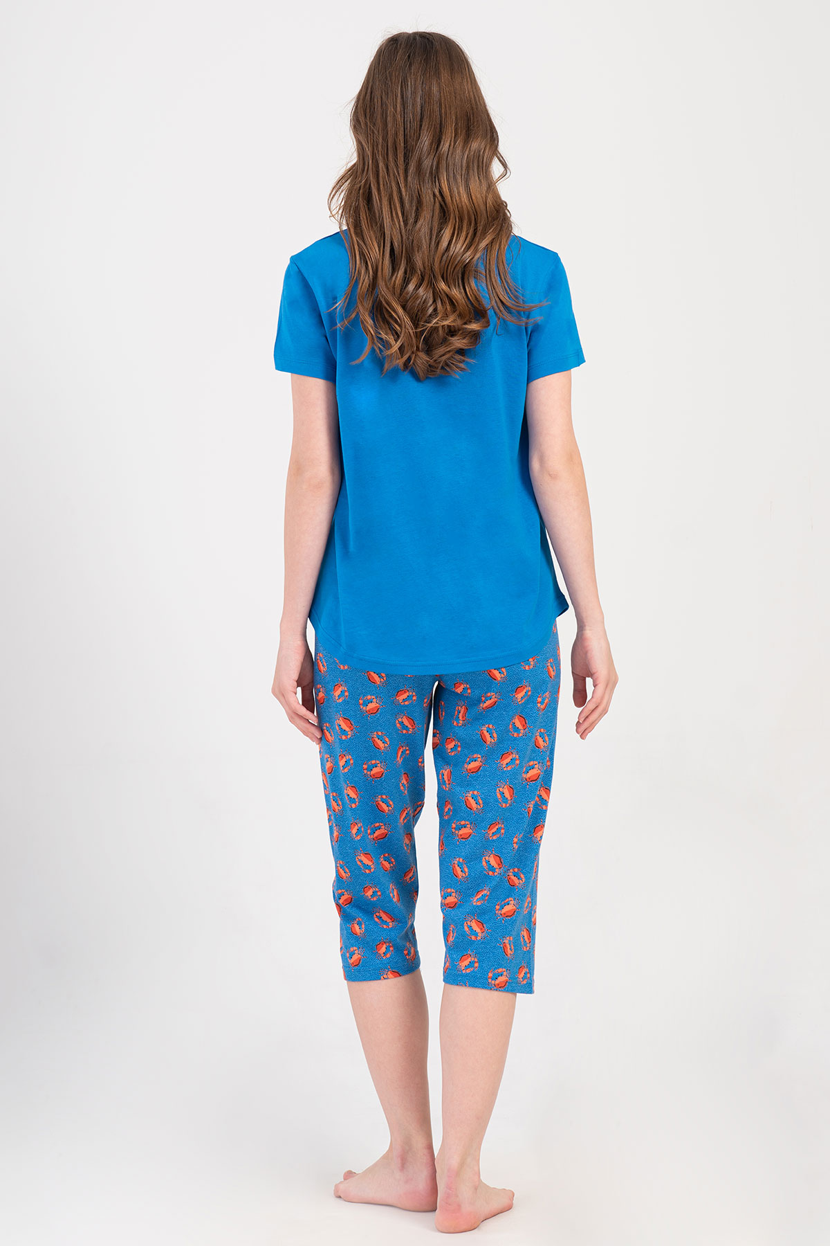 Pınarca Kadın Kapri Takım Kısa Kollu Pamuklu Bisiklet Yaka Yengeç Baskılı - Saks Mavisi - Thumbnail