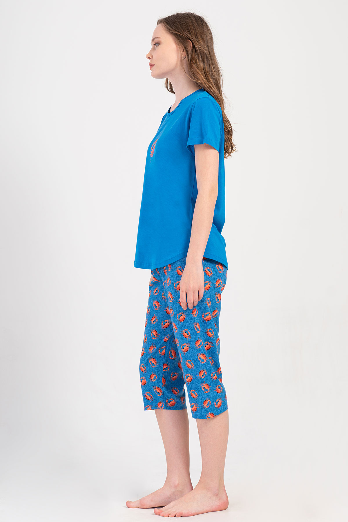 Pınarca Kadın Kapri Takım Kısa Kollu Pamuklu Bisiklet Yaka Yengeç Baskılı - Saks Mavisi - Thumbnail