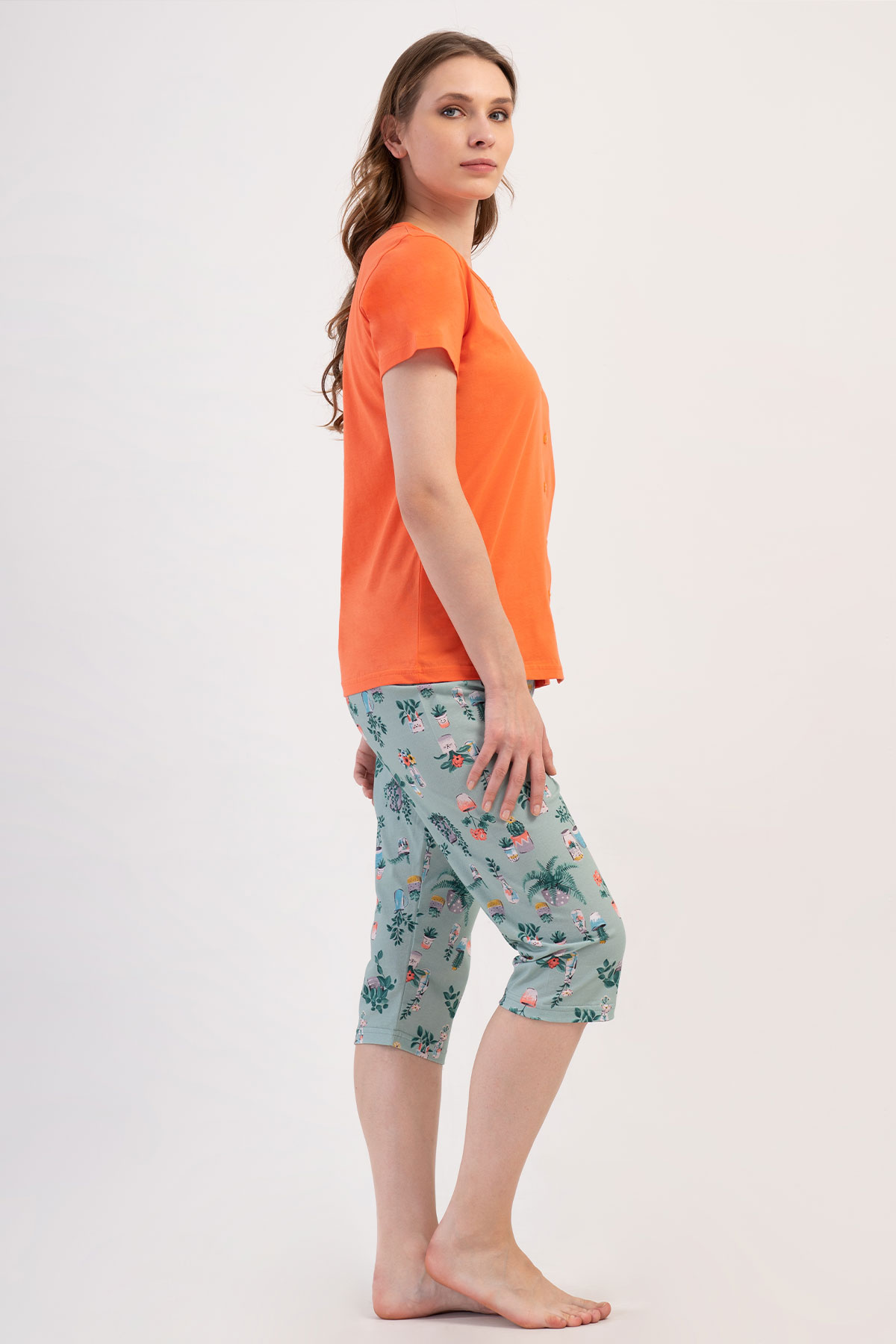 Pınarca Kadın Kapri Takım Kısa Kollu Pamuklu Gömlek Yaka Çiçek Baskılı - Mercan - Thumbnail