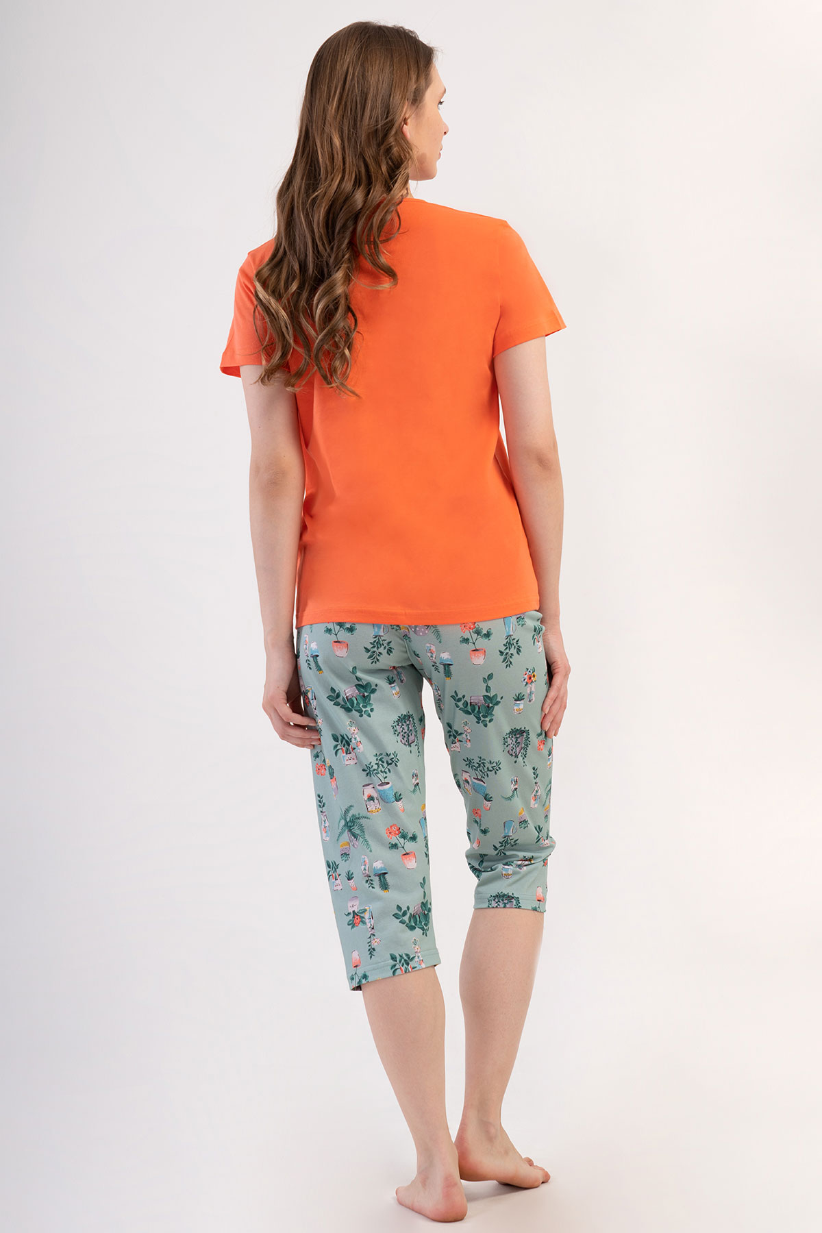 Pınarca Kadın Kapri Takım Kısa Kollu Pamuklu Gömlek Yaka Çiçek Baskılı - Mercan - Thumbnail