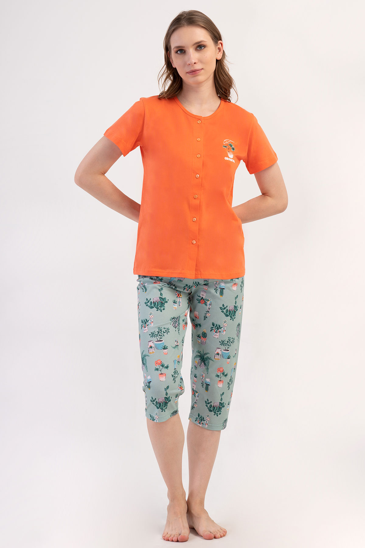 Pınarca Kadın Kapri Takım Kısa Kollu Pamuklu Gömlek Yaka Çiçek Baskılı - Mercan - Thumbnail