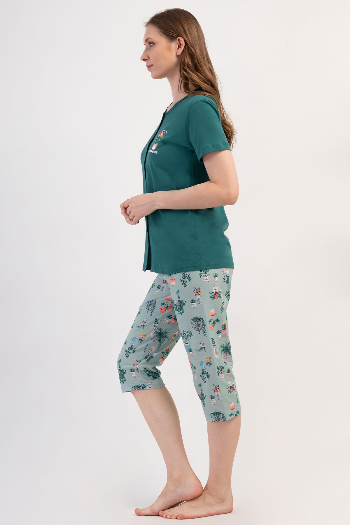 Pınarca Kadın Kapri Takım Kısa Kollu Pamuklu Gömlek Yaka Çiçek Baskılı - Yeşil - Thumbnail