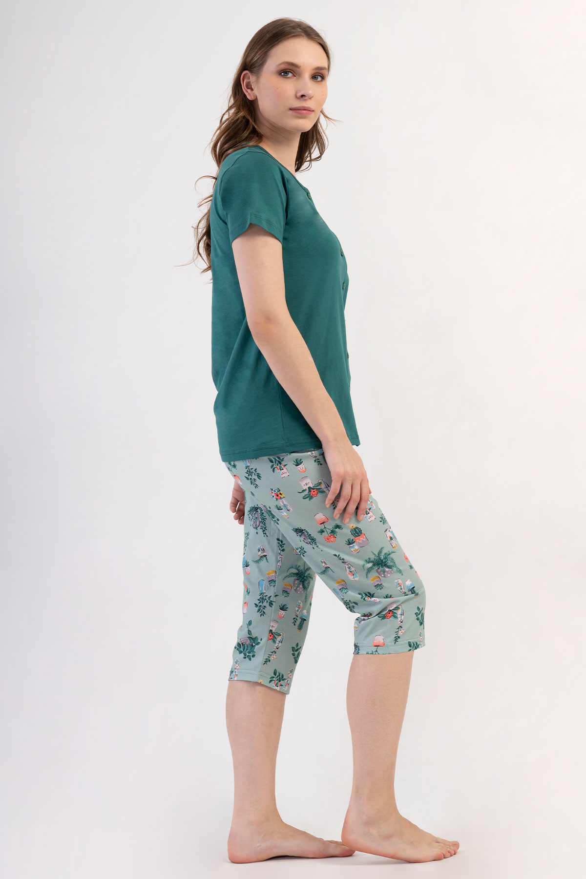 Pınarca Kadın Kapri Takım Kısa Kollu Pamuklu Gömlek Yaka Çiçek Baskılı - Yeşil - Thumbnail